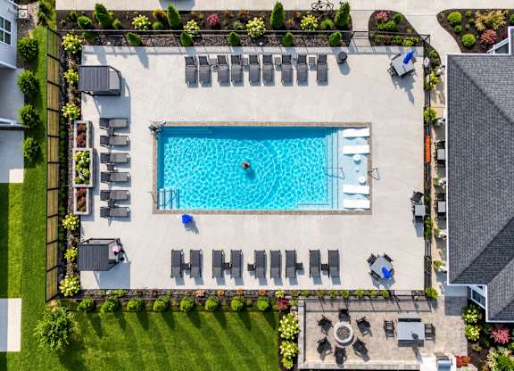 A swimming pool surrounded by lounge chairs and greenery.