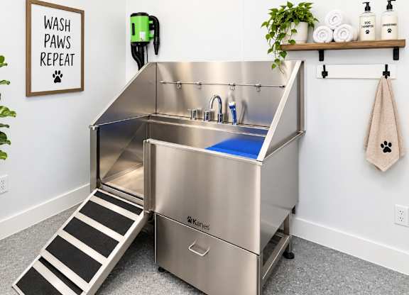 A stainless steel dog washing station with a sign that says "Wash Paws Repeat" on the wall.