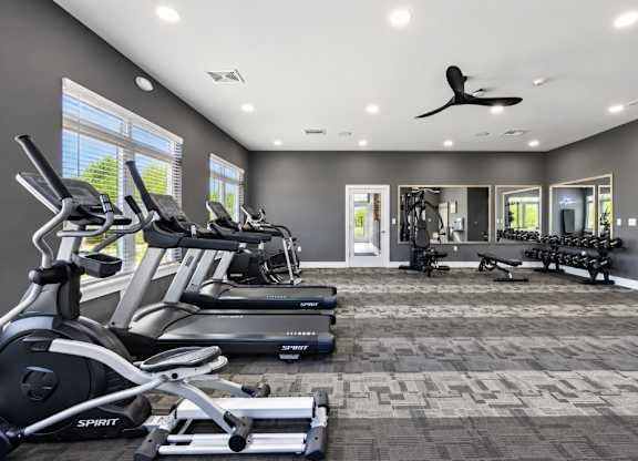 A spacious gym with treadmills, elliptical machines, and a fan.