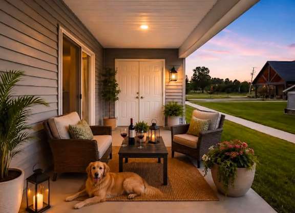 A dog is sitting on a patio with a lit lantern and a potted plant.