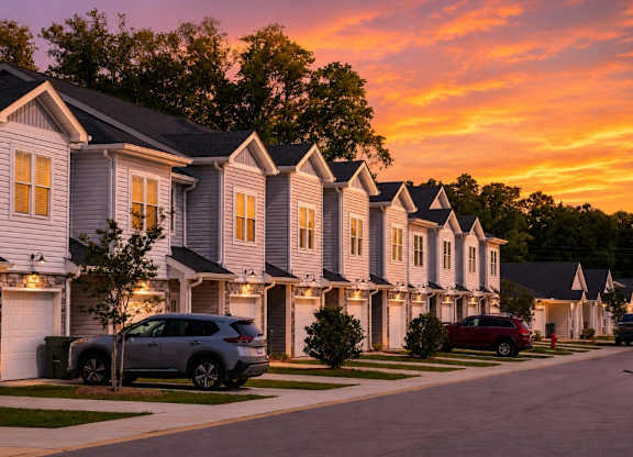 A row of houses with cars parked in front.