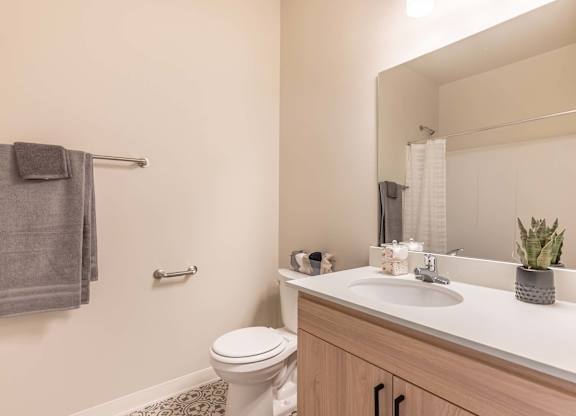 A bathroom with a toilet, sink, and mirror at Marcola Apartment Homes, Oregon, 97477