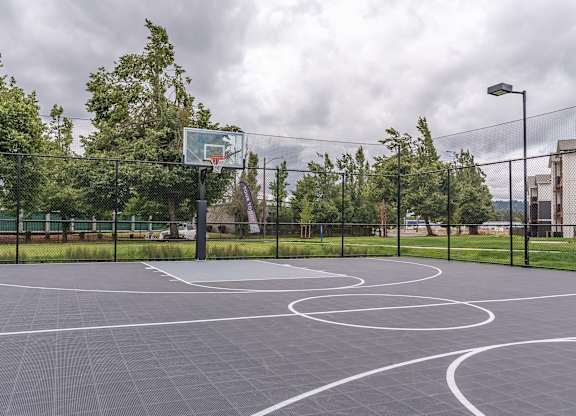 A basketball court with a hoop and a net at Marcola Apartment Homes, Forest Grove, 97477