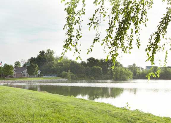 A serene lake surrounded by lush greenery and a house in the distance.