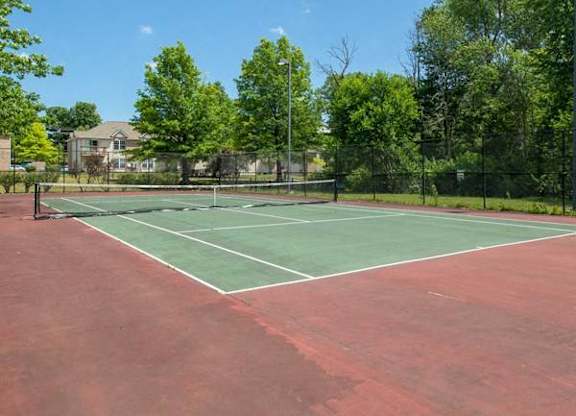 A tennis court surrounded by a fence and trees.
