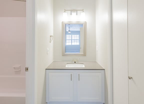 A bathroom with a sink and a mirror.
