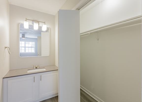 A bathroom with a sink and mirror.