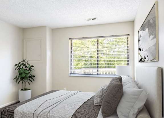 A bedroom with a bed, pillows, a plant, and a window with blinds.