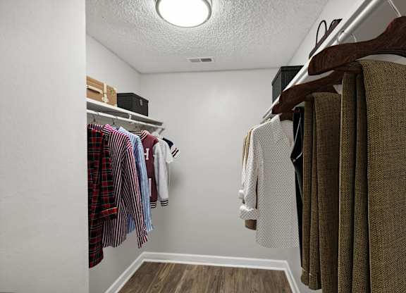 A white closet with clothes hanging on a wooden hanger.
