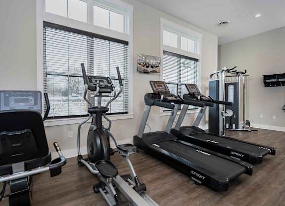 A home gym with treadmills, elliptical machines, and a stationary bike.