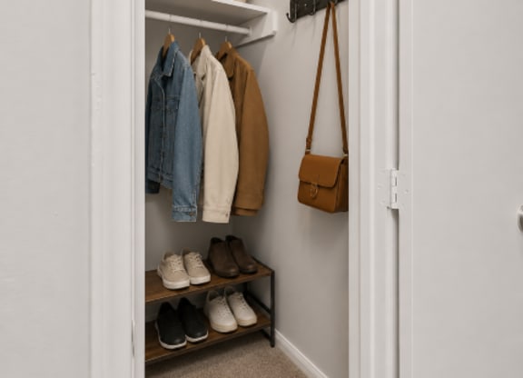 A closet with a white shelf, a basket, and a row of shoes.