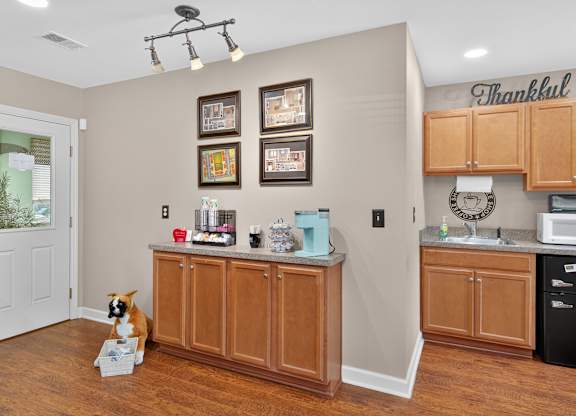 A kitchen with a brown dog sitting in front of a counter at Sawbranch Apartments, Summerville, SC