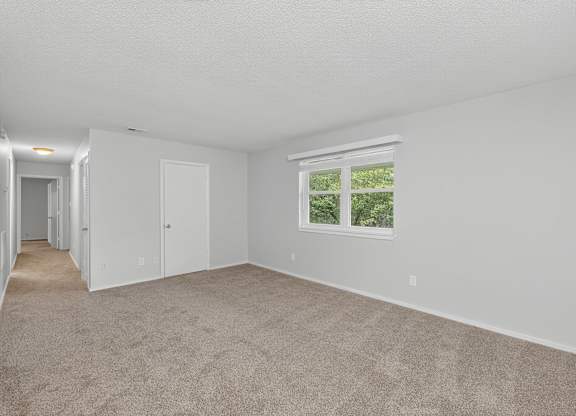 A room with a carpeted floor and a window showing greenery outside at Sawbranch Apartments, Summerville, SC