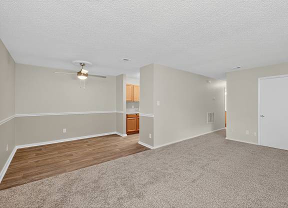 A spacious room with a ceiling fan and lighting fixture at Sawbranch Apartments, Summerville, SC, 29485