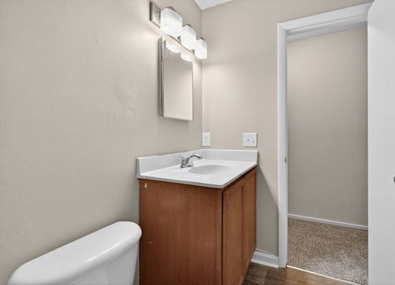 A white sink is on a wooden cabinet in a bathroom at Sawbranch Apartments, Summerville, SC, 29485