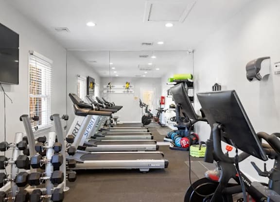 A gym with treadmills, dumbbells, and exercise bikes at The Preserve at Pine Valley Apartments, Wilmington, North Carolina
