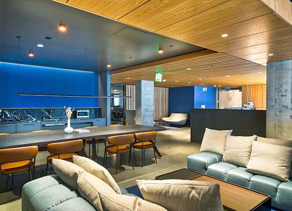 A modern living room with a blue accent wall and a wooden ceiling.at Eleven Fifty Clay Street, California, 94607