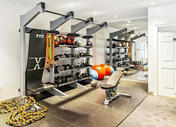A home gym with a weight rack, dumbbells, and exercise balls.at Onyx183, Texas, 78729