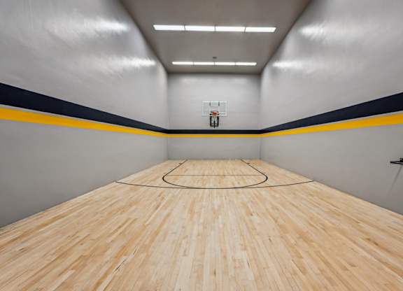 A basketball court with a wooden floor and a basketball hoop. at The Lex At Lowry, Denver, CO, 80224