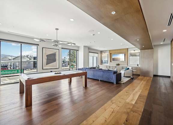 Pool table with light at Bayview Apartments, Emeryville, CA, 94608