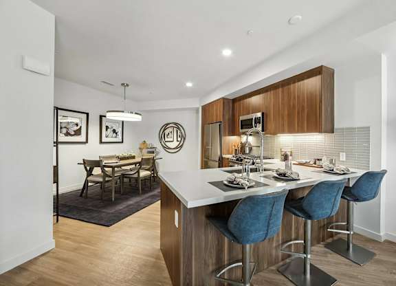 Kitchen with island at Bayview Apartments, Emeryville, CA, 94608