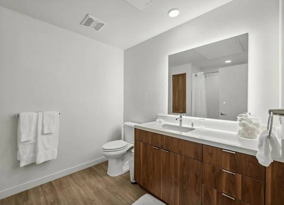 Bathroom with mirror at Bayview Apartments, California