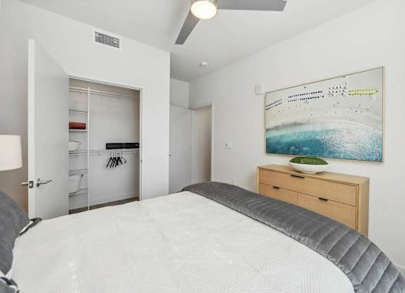 Bedroom with closet at Bayview Apartments, Emeryville, California