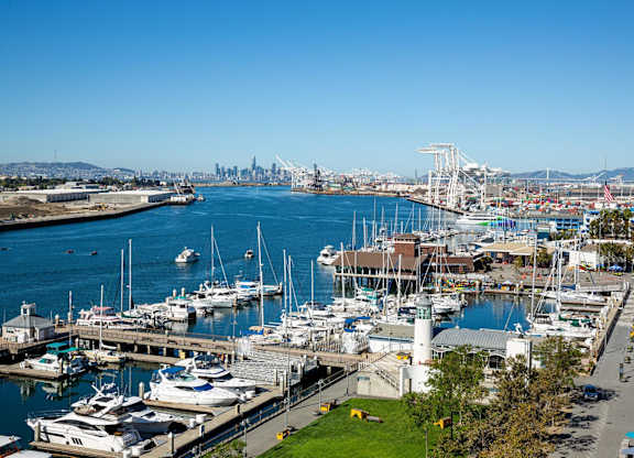 A marina with boats and a city skyline in the background.at Channel House, Oakland, CA 94607