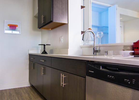 Kitchen with sink at The Graham at Southern Towers, Alexandria, Virginia