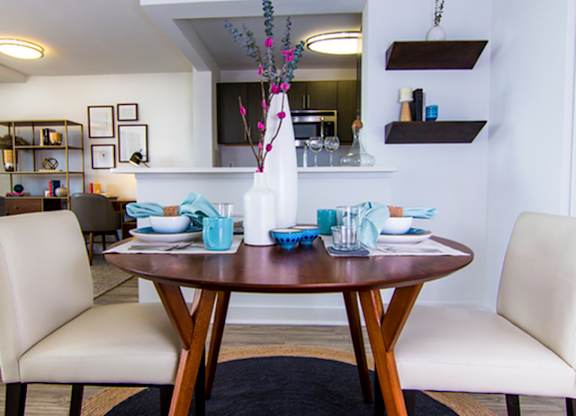 Wooden dining table at The Graham at Southern Towers, Alexandria, VA