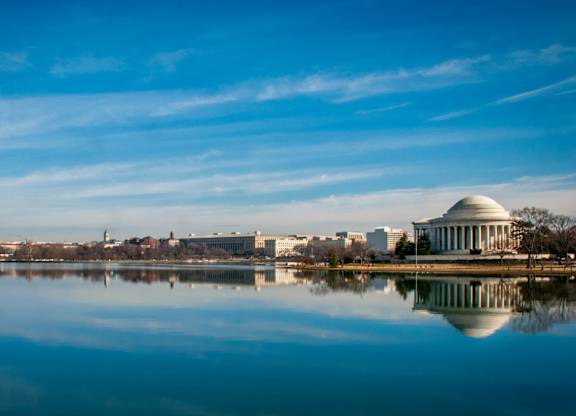 Washington Monument and the Lincoln Memorial are reflected in the water at Monticello at Southern Towers, Alexandria, VA, 22311