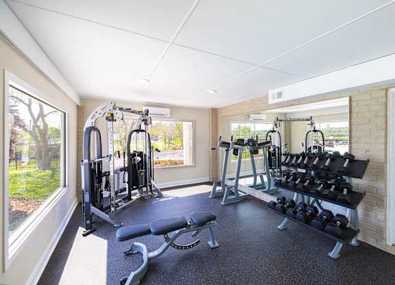 A well lit home gym with a bench, weights and exercise equipment.