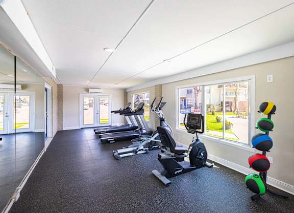A gym with treadmills, elliptical machines, and a row of exercise balls.