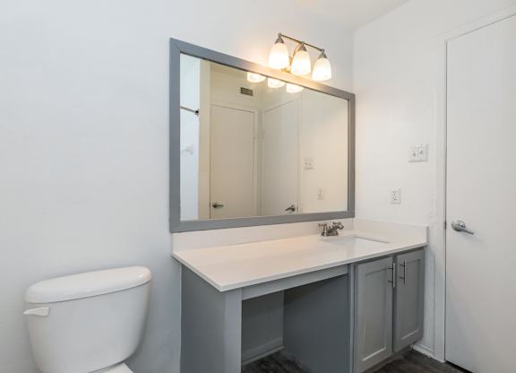 Accessible bathroom with grey vanity and white countertop at Park at LeBlanc Apartments, Fort Worth, TX