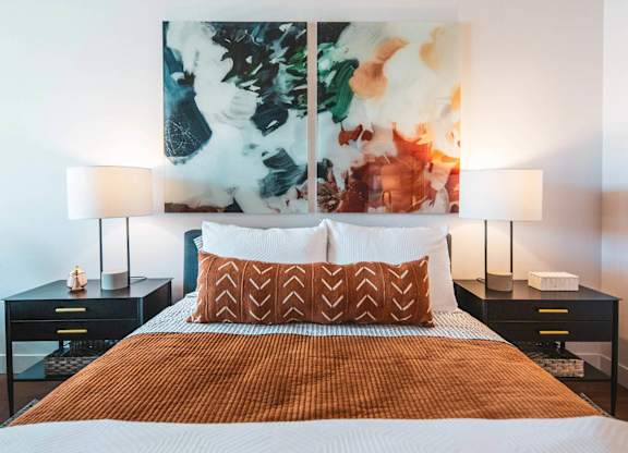 Comfortable bed at Sora Apartments, Inglewood, California