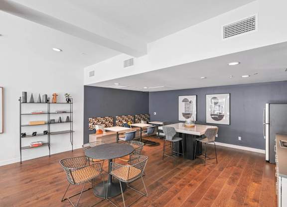Clubhouse with kitchen and refrigerator at Sora Apartments, Inglewood, CA