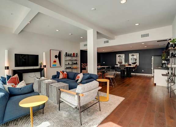 Beautiful living room with TV at Sora Apartments, Inglewood, CA