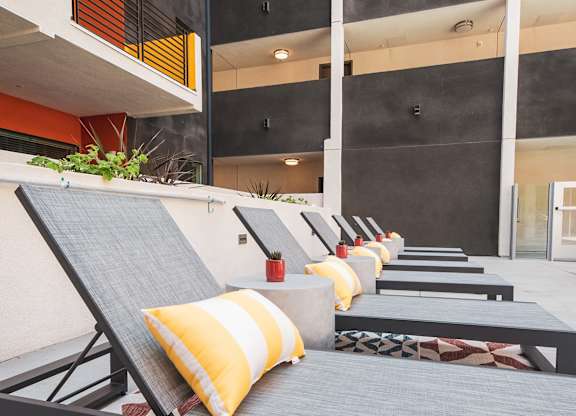 Lounge chairs at Sora Apartments, Inglewood, California