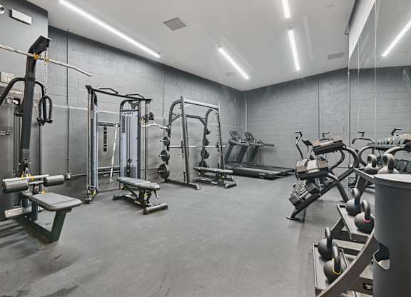 A gym with a variety of equipment including treadmills, weights, and benches.