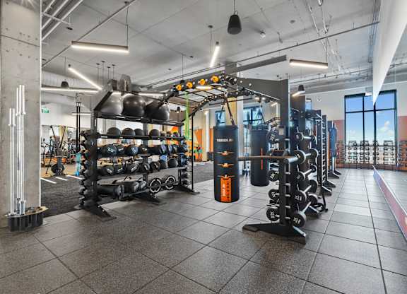 Gym with variety of equipments at Velaris Living Apartments, Denver, 80205