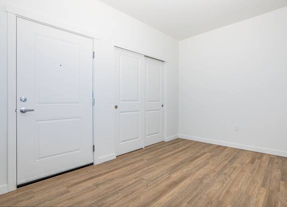 A room with two doors and wooden flooring.