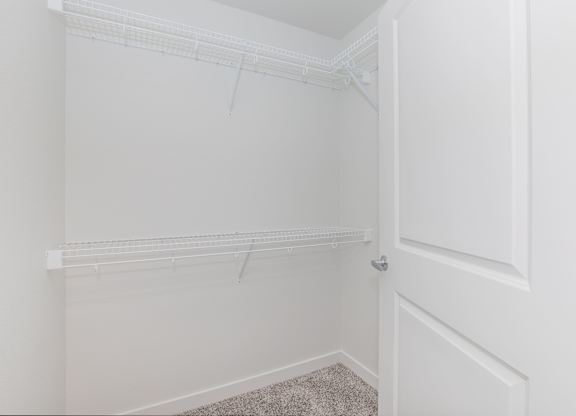 A white closet with a carpeted floor and a door.