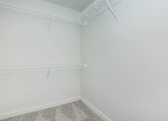 A white wall with a white shelf and a grey carpet.