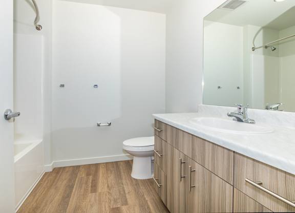 A white bathroom with wood flooring and a white toilet.