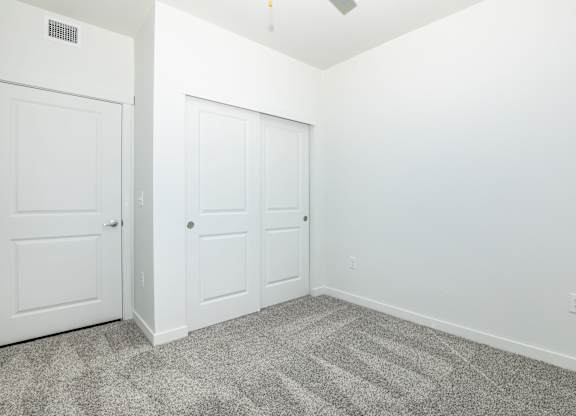 A room with two white doors and a carpeted floor.