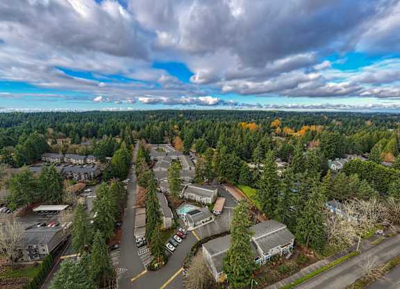 A cloudy day in a residential area with houses and trees.