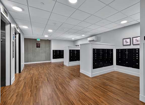 A room with wood flooring and black cabinets.