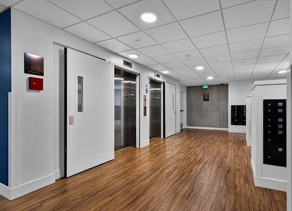 A hallway with wood floors and white walls has a red fire alarm on the left wall.