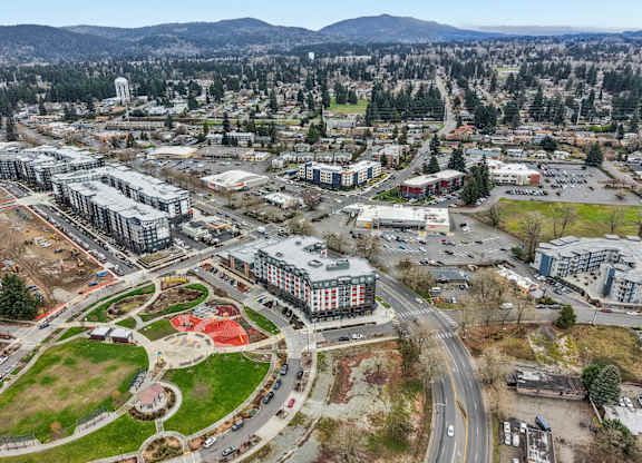 A large aerial view of a city with buildings, roads, and a green space.