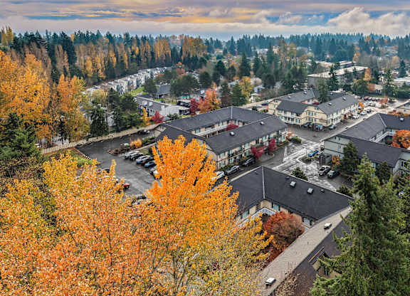 A parking lot is in the foreground of a suburban area with trees showing fall colors.